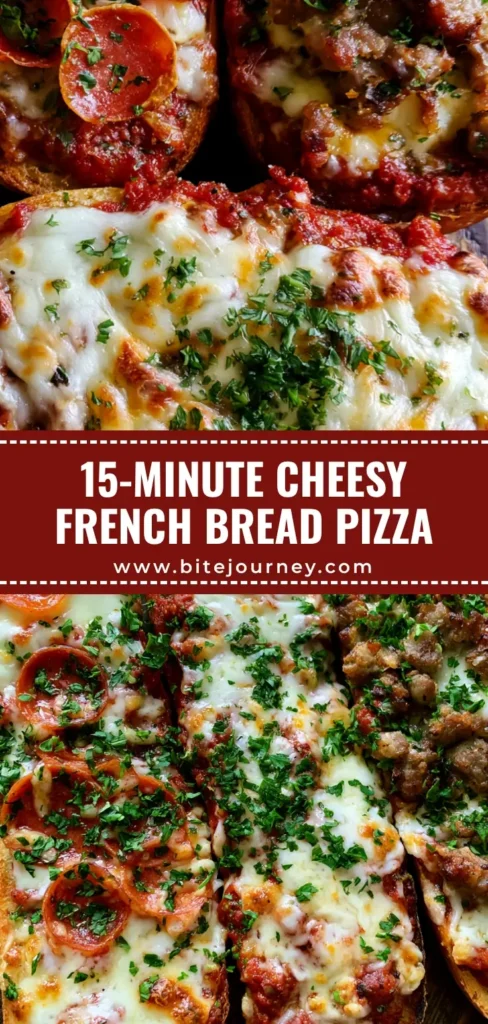 French Bread Pizza with Crispy Pepperoni and Italian Sausage 4 A top-down view of three French Bread Pizza slices with melted mozzarella, curled pepperoni, and sausage crumbles on a rustic wood background.