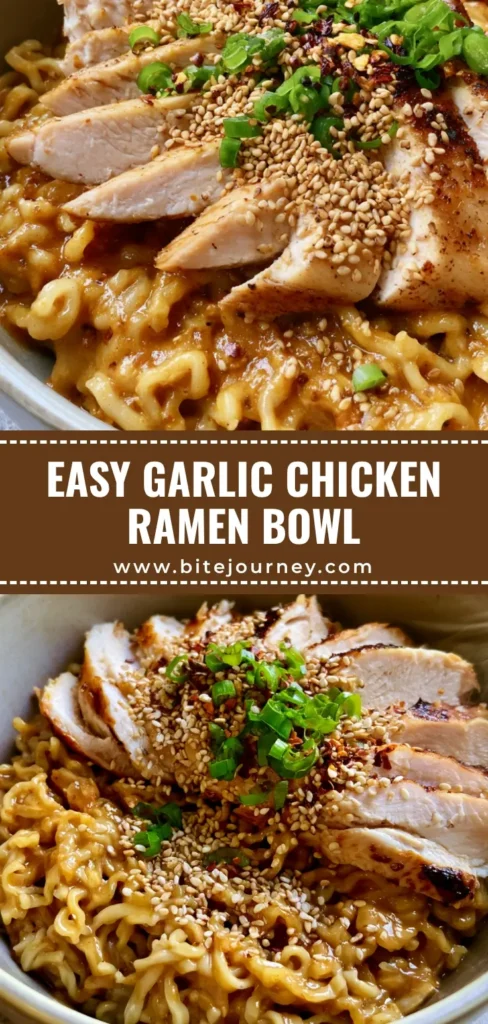 Chicken Ramen with Garlic Sauce: The Ultimate 20-Minute Comfort Bowl 3 A deep ceramic bowl of Chicken Ramen with Garlic Sauce, featuring wavy noodles in a golden-brown sauce with seared chicken, scallions, and sesame seeds.