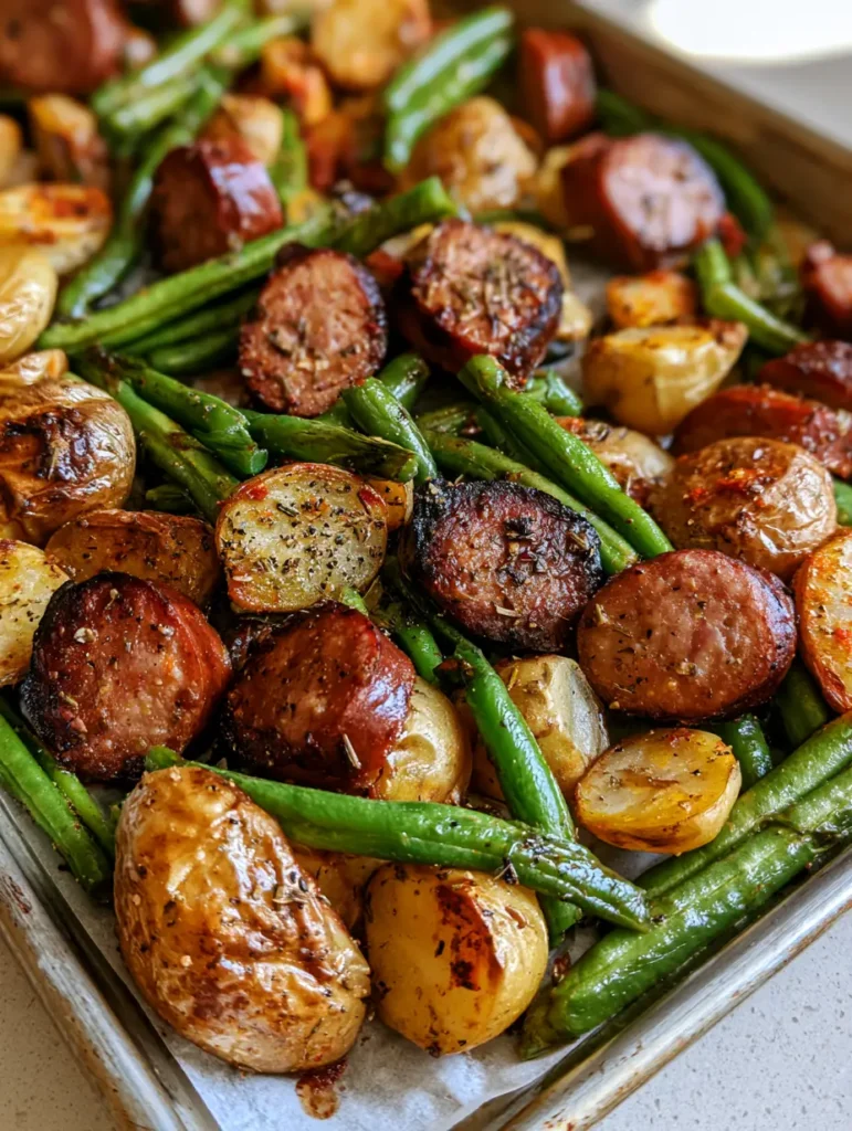 One Pan Sausage and Potatoes with Roasted Green Beans 2 Smartphone photo of seared smoked sausage and roasted baby gold potatoes on a parchment-lined pan. (One Pan Sausage and Potatoes)