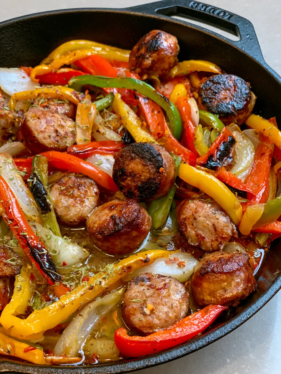 Close up of seared Italian sausage rounds and limp tri-color bell peppers in a Sausage and Peppers Skillet.
