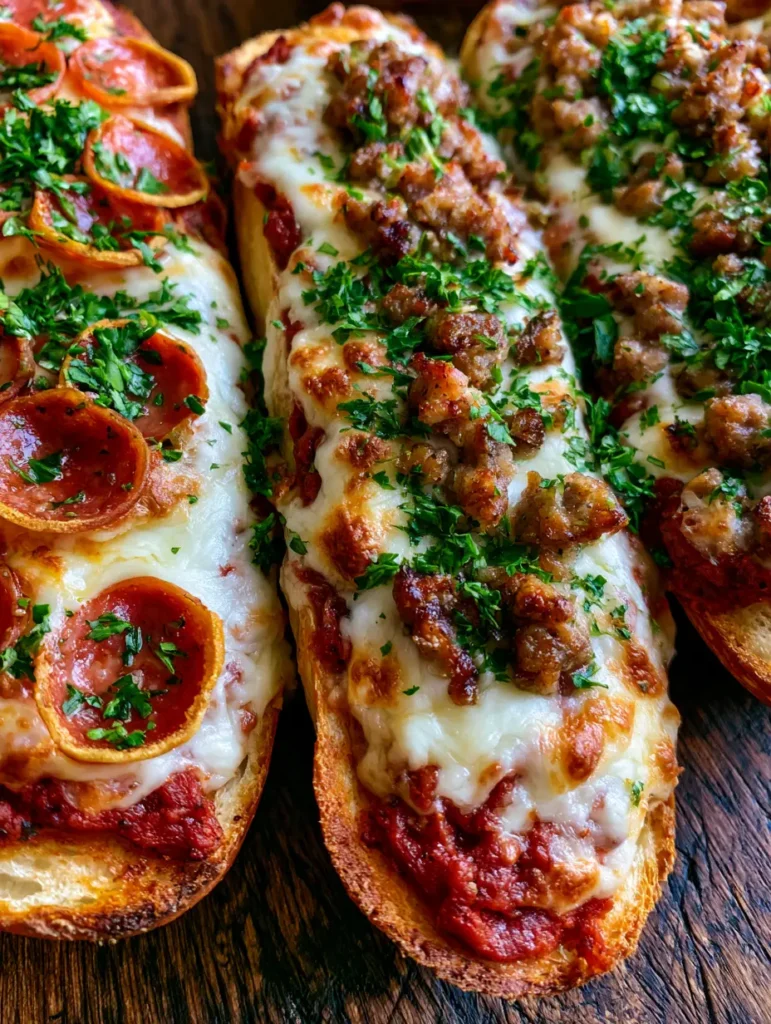 French Bread Pizza with Crispy Pepperoni and Italian Sausage 2 Close-up of French Bread Pizza slices featuring bubbly mozzarella cheese with golden-brown spots and fresh parsley garnish.