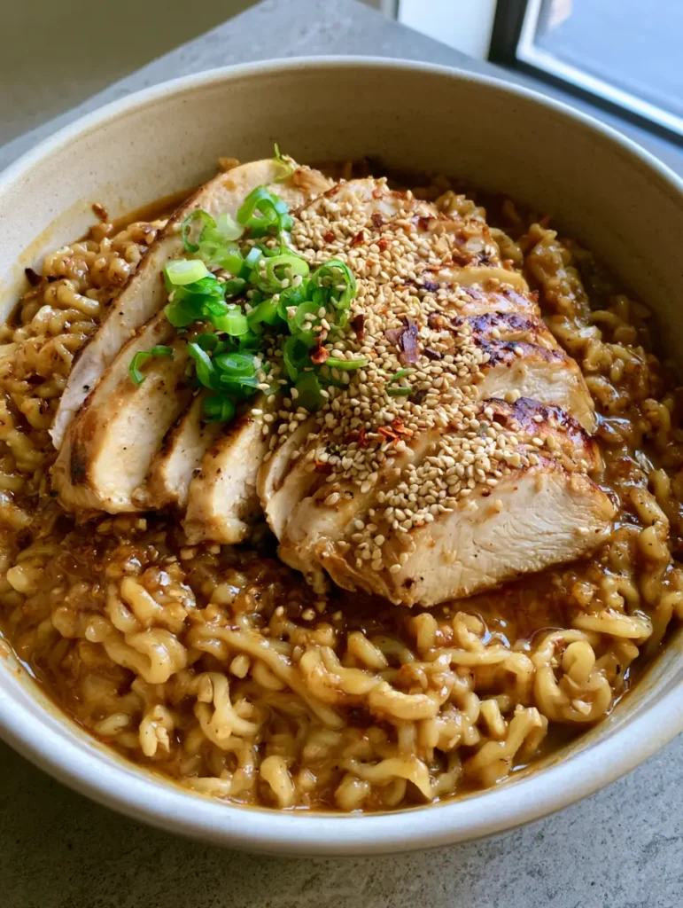 Chicken Ramen with Garlic Sauce: The Ultimate 20-Minute Comfort Bowl 2 Close-up of wavy ramen noodles coated in thick golden-brown garlic sauce with sliced seared chicken breast.