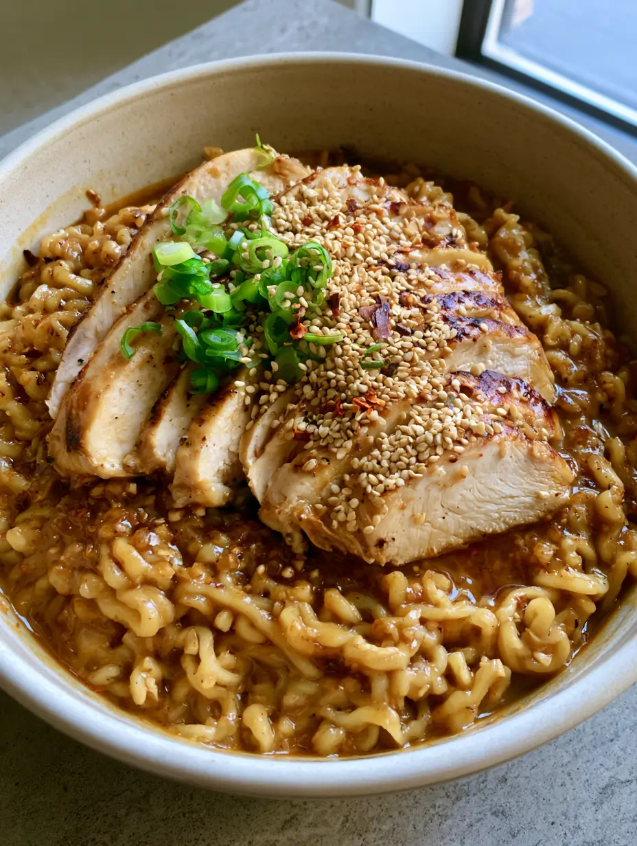 Chicken Ramen with Garlic Sauce: The Ultimate 20-Minute Comfort Bowl 4 Close-up of wavy ramen noodles coated in thick golden-brown garlic sauce with sliced seared chicken breast.