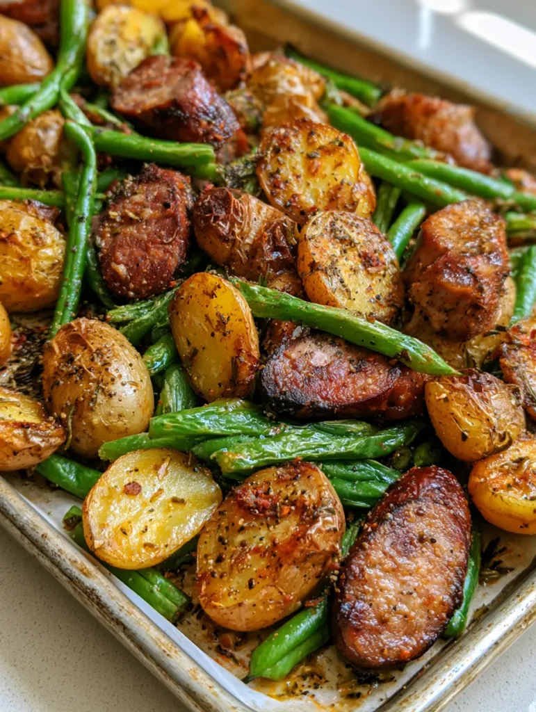One Pan Sausage and Potatoes with Roasted Green Beans 1 Overhead view of charred green beans scattered among seared sausage and roasted potatoes.