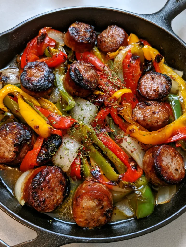 Sausage and Peppers Skillet featuring caramelized white onions and a glossy oil sauce in a cast iron pan.