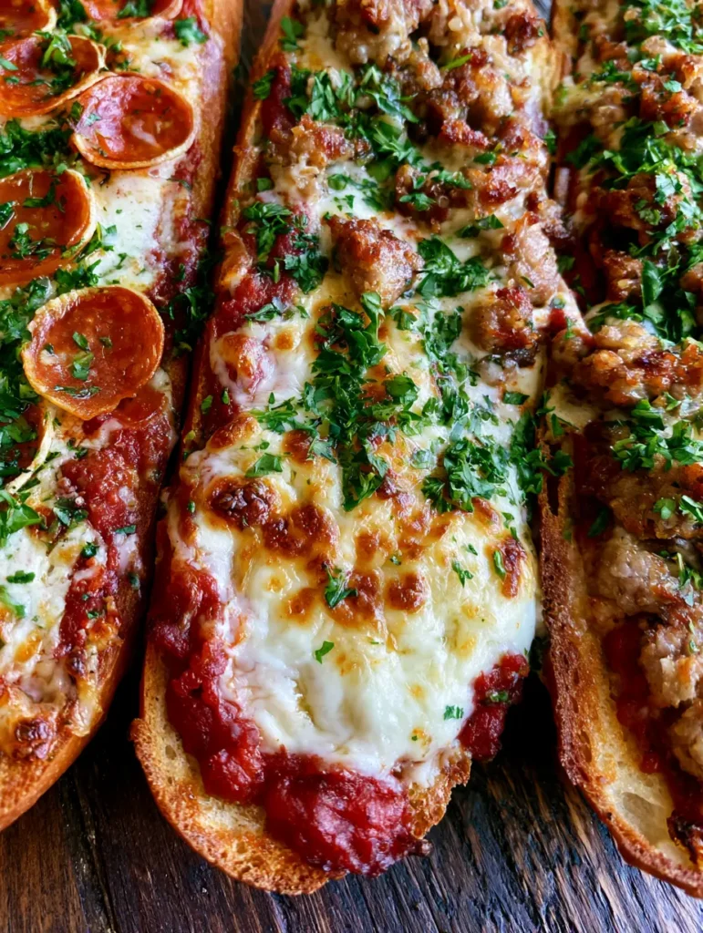 French Bread Pizza with Crispy Pepperoni and Italian Sausage 1 French Bread Pizza slices on a dark rustic wooden surface showing the thick baguette base and rich tomato sauce.