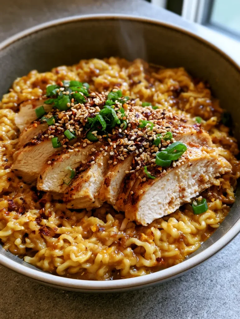 Chicken Ramen with Garlic Sauce: The Ultimate 20-Minute Comfort Bowl 1 Overhead view of Chicken Ramen with Garlic Sauce garnished with toasted sesame seeds and fresh scallions.