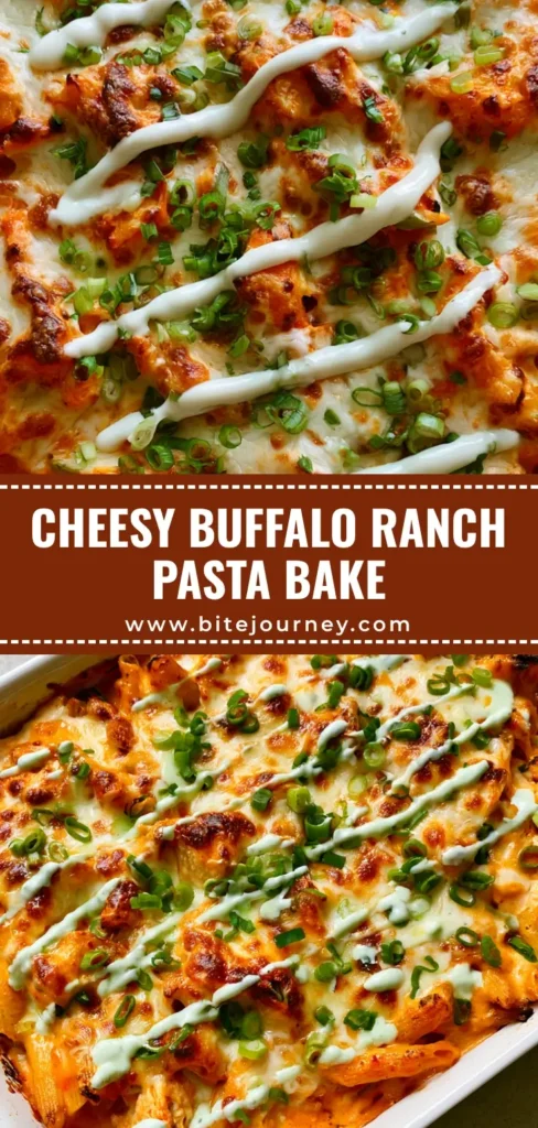 A smartphone photo of a Buffalo Ranch Chicken Pasta Bake in a white ceramic dish featuring melted charred cheese, vibrant orange sauce, and a ranch drizzle.