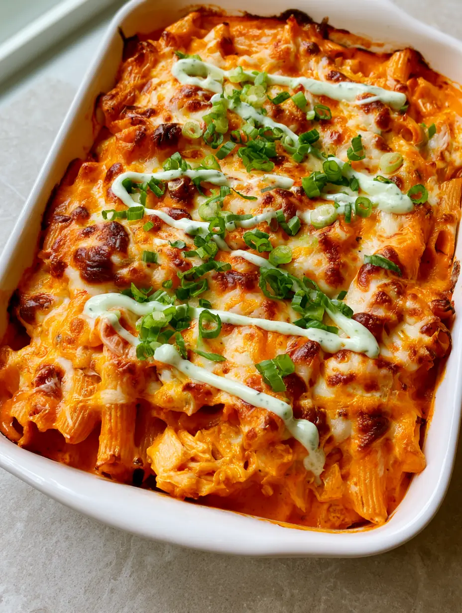 Close up of al dente penne pasta in a thick orange buffalo ranch sauce within a Buffalo Ranch Chicken Pasta Bake.