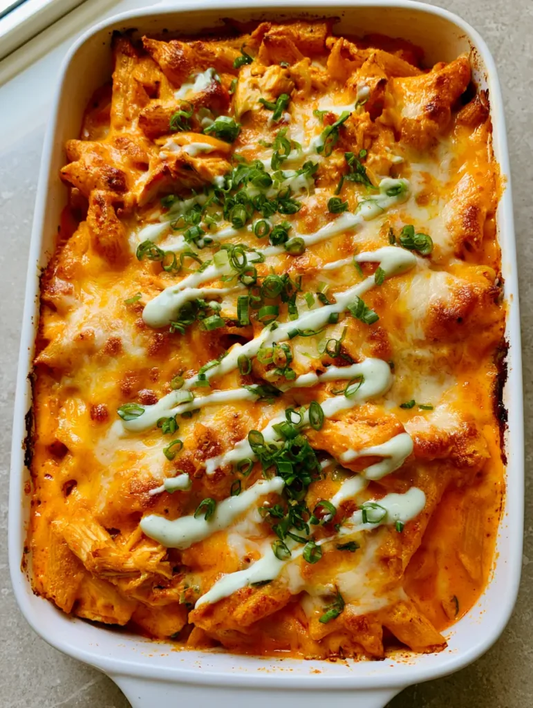 Top view of melted mozzarella and cheddar cheese with charred spots on a Buffalo Ranch Chicken Pasta Bake.