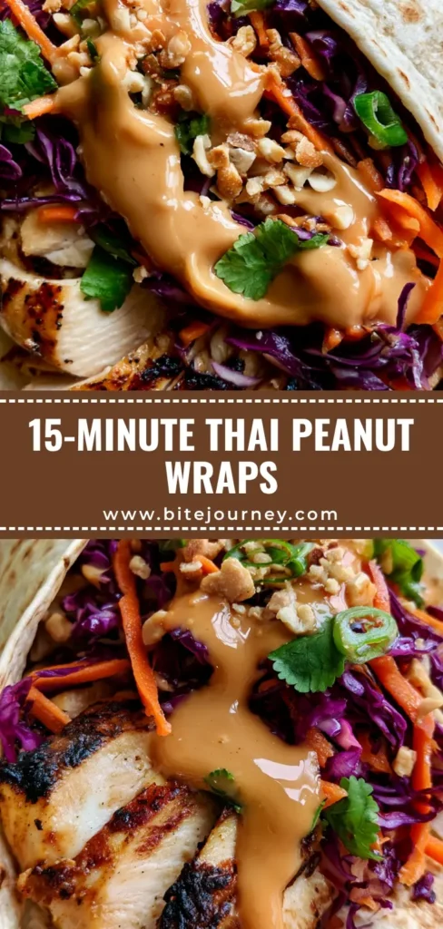 A close-up of Thai Peanut Chicken Wraps in a flour tortilla with charred chicken, purple cabbage, carrots, and glossy peanut sauce.