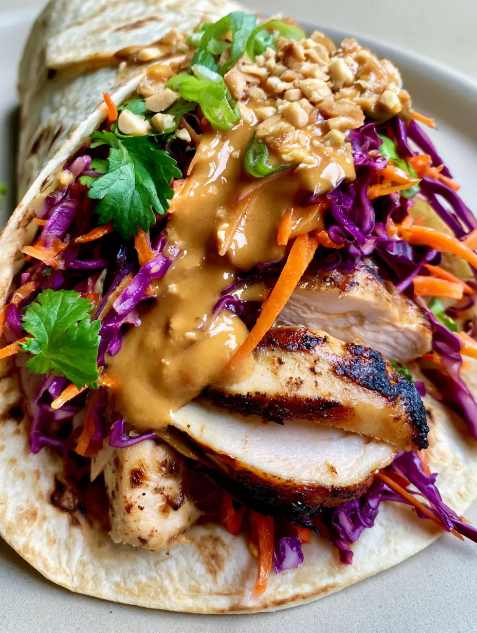 A handheld smartphone photo of a Thai Peanut Chicken Wrap showing layers of sliced chicken breast and fresh julienned carrots.