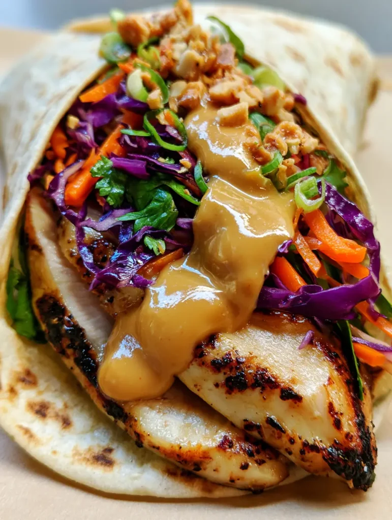 A Thai Peanut Chicken Wrap drizzled with thick tan peanut sauce and garnished with crushed roasted peanuts and green onions.