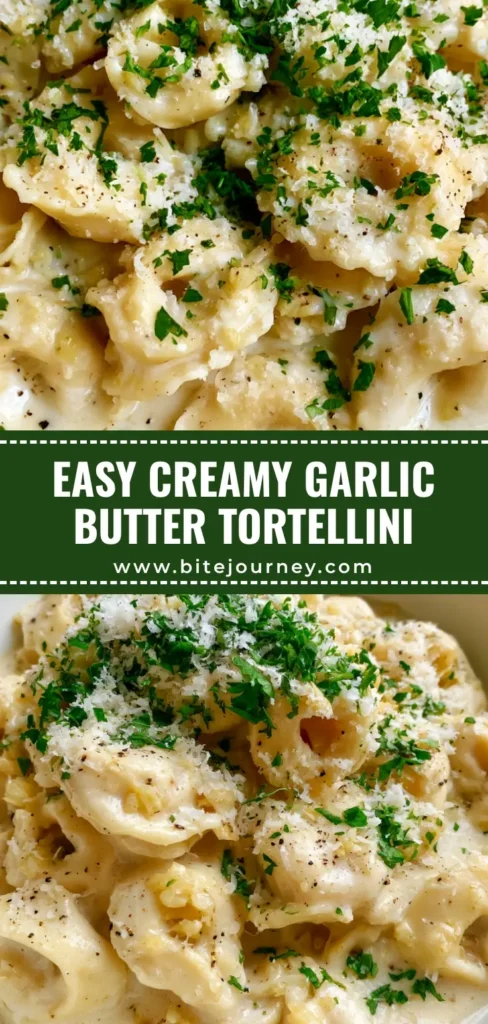 A close-up shot of Creamy Garlic Butter Tortellini in a white bowl, coated in a glossy sauce with fresh parsley and parmesan.