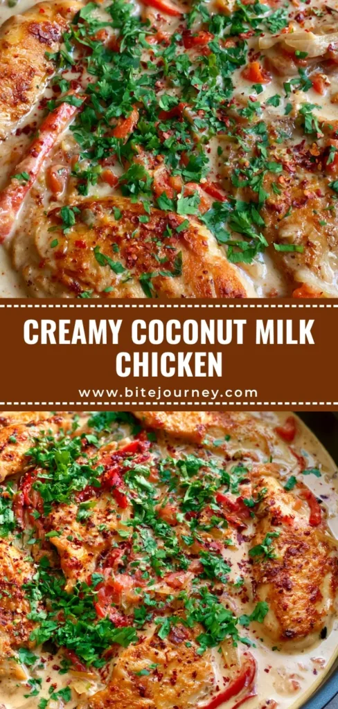 A top-down view of Creamy Coconut Milk Chicken in a dark skillet with golden seared chicken, red peppers, and cilantro. (Coconut Milk Chicken)