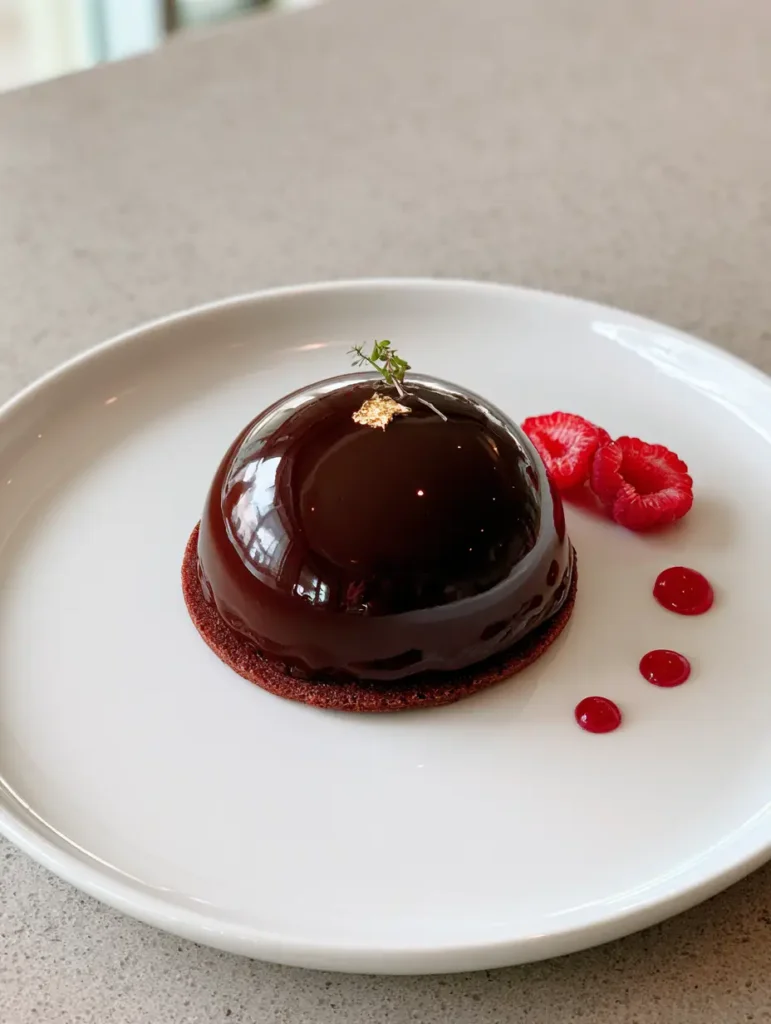 Plated Chocolate Mascarpone Dome Dessert with three dots of raspberry gel and fresh raspberries.