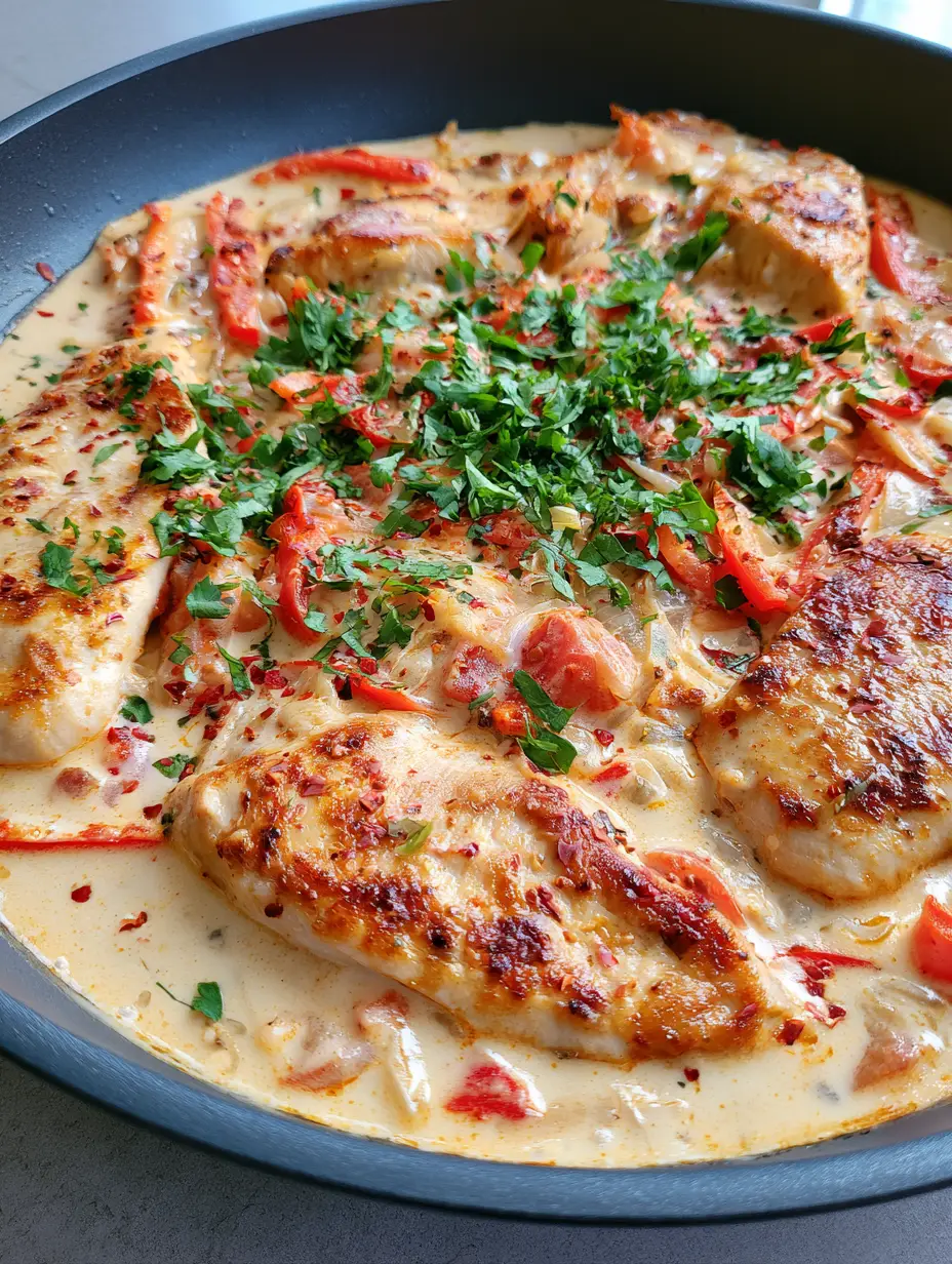 Close up photo of golden-brown seared chicken slices in an opaque ivory coconut sauce with red peppers. (Coconut Milk Chicken)