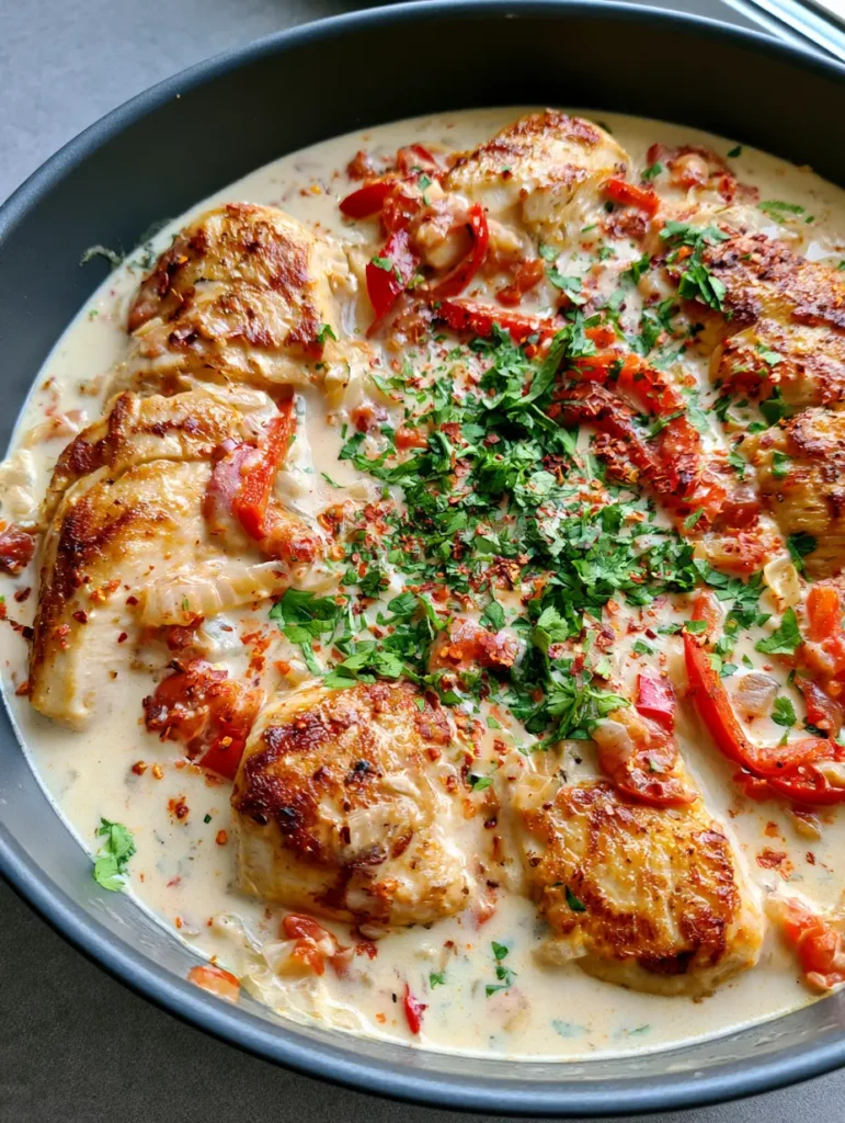 Vibrant red bell pepper strips and diced tomatoes simmering in a creamy coconut sauce for chicken.