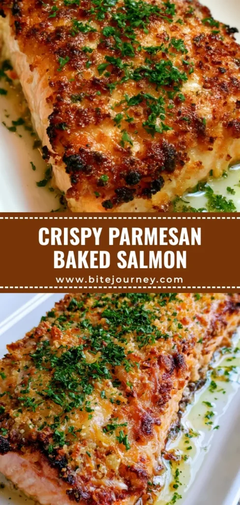 Parmesan Crusted Baked Salmon: The Ultimate Crispy 20-Minute Meal 3 A close-up high-angle view of Parmesan Crusted Baked Salmon on a white plate with a golden brown breadcrumb topping and fresh parsley.