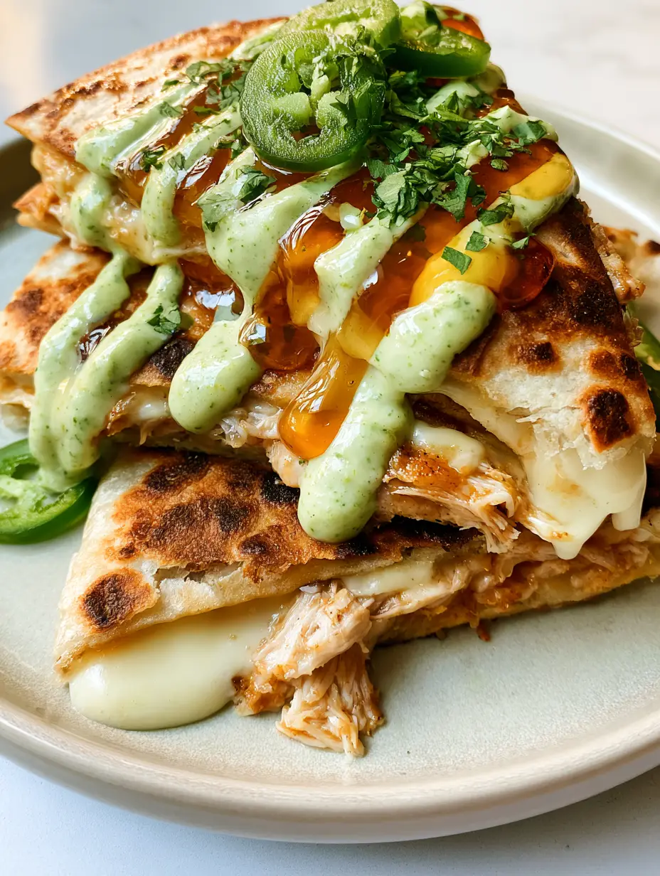 Close up handheld photo of Hot Honey Chicken Quesadillas showing shredded chicken and a glossy amber glaze.