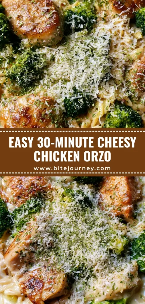 Cheesy Chicken and Broccoli Orzo: A Creamy One-Pan Skillet Meal 3 A close-up of Cheesy Chicken and Broccoli Orzo in a cast iron skillet with glossy yellow sauce and green broccoli florets.