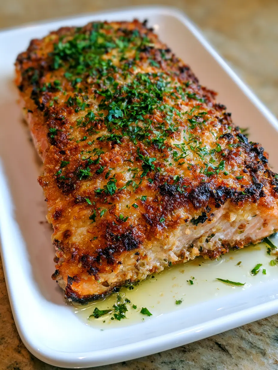 Parmesan Crusted Baked Salmon: The Ultimate Crispy 20-Minute Meal 4 A thick oven-baked salmon fillet featuring a heavy toasted parmesan cheese crust and fresh parsley. (Parmesan Crusted Baked Salmon)