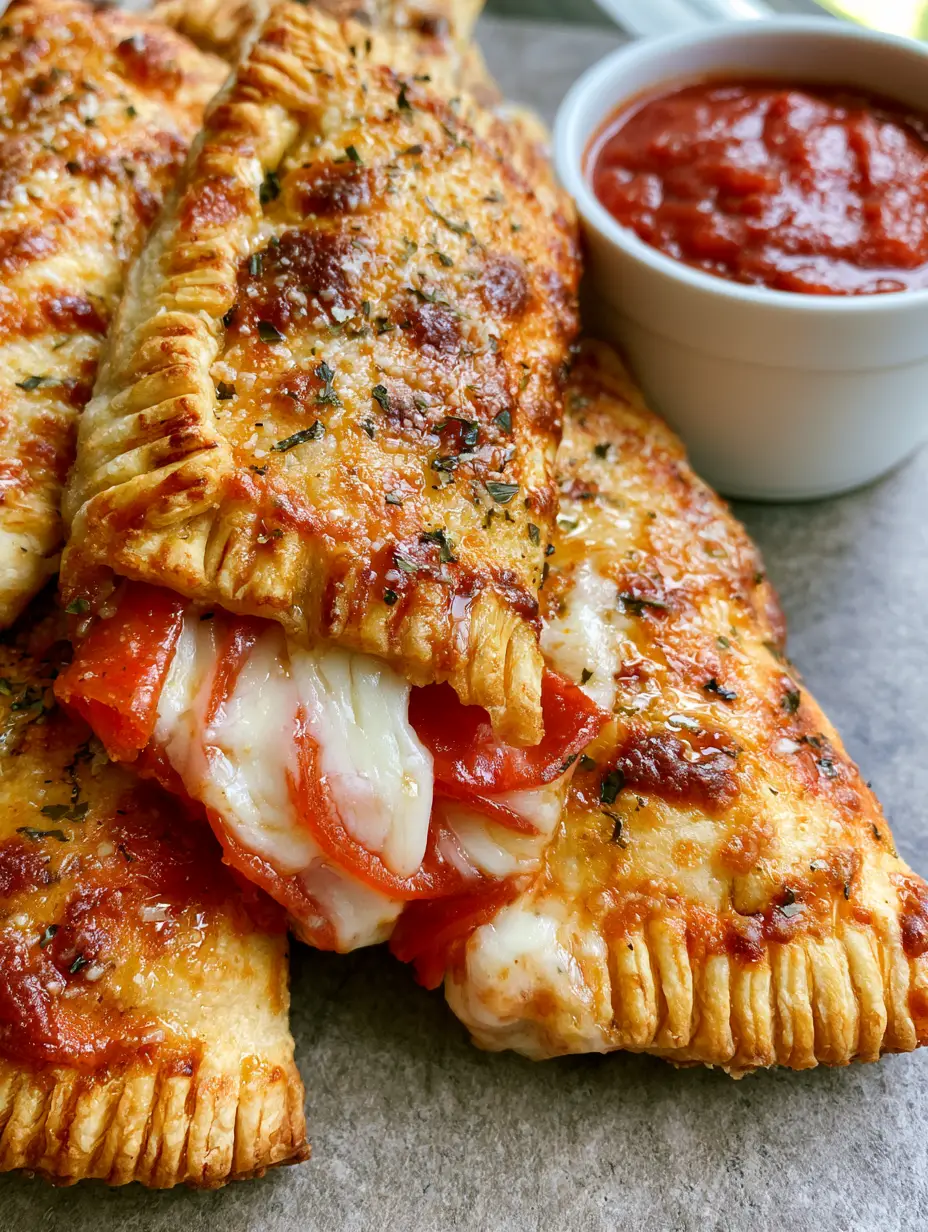 Homemade Pizza Pockets: The Ultimate Golden-Brown and Cheesy Recipe 3 Close up of Homemade Pizza Pockets showing fork-pressed edges and garlic butter glaze.