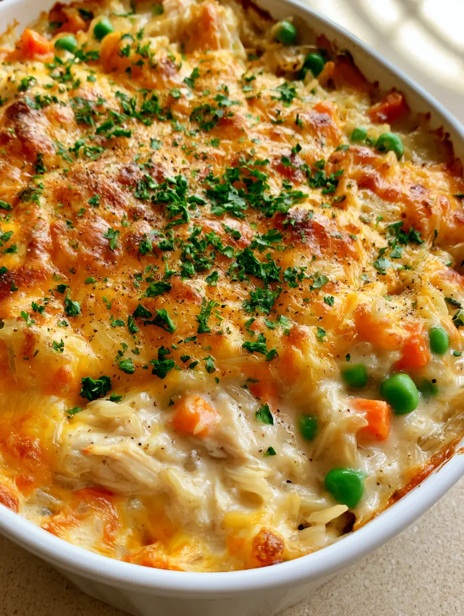 Close-up of Chicken and Rice Casserole with melted golden-brown cheddar cheese and bright green peas.