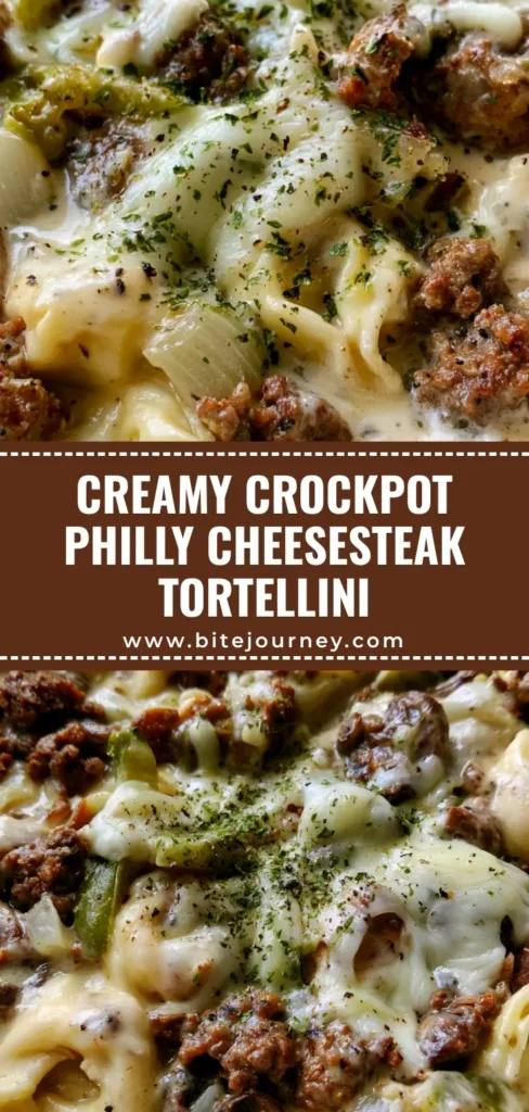 Crock Pot Cheesesteak Tortellini: Creamy Philly-Style Comfort 4 A overhead shot of Crock Pot Cheesesteak Tortellini in a white slow cooker bowl, featuring plump cheese-stuffed tortellini, browned beef, green peppers, and a thick glossy ivory sauce with melted provolone patches.