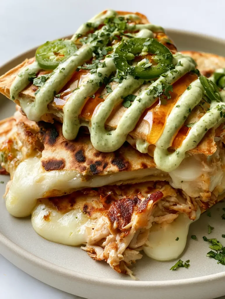 A stack of three cut Hot Honey Chicken Quesadillas on a light ceramic plate with fresh cilantro and jalapeño rounds.