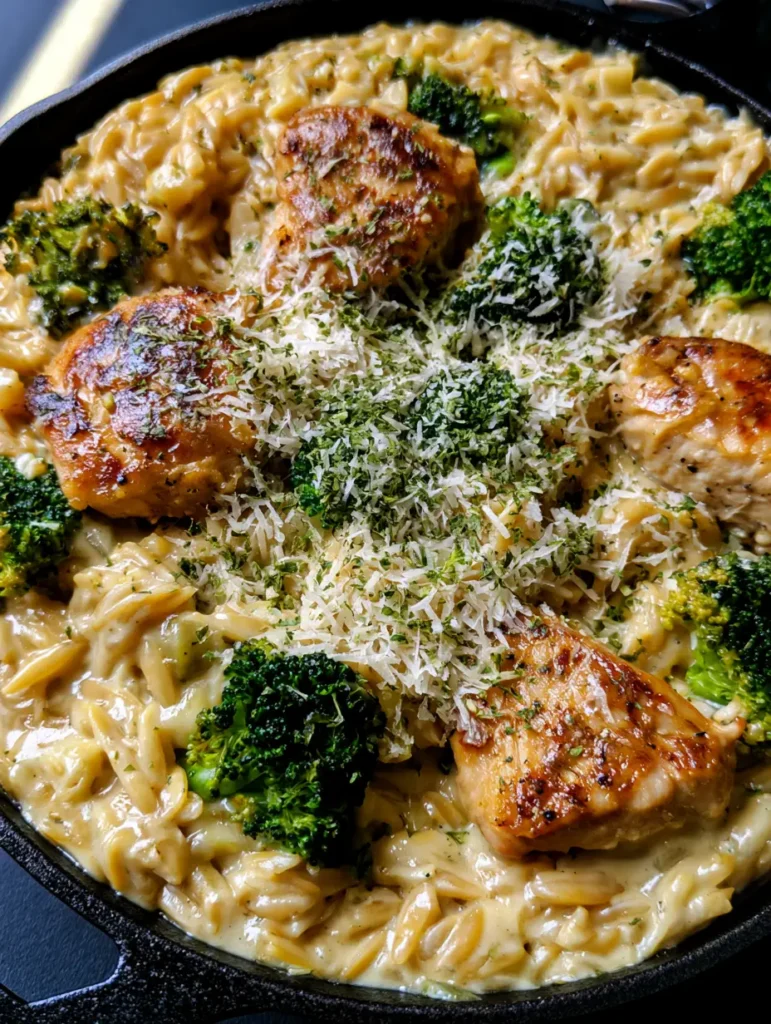 Cheesy Chicken and Broccoli Orzo: A Creamy One-Pan Skillet Meal 2 Top-down view of Cheesy Chicken and Broccoli Orzo featuring pan-seared chicken and bright green broccoli in a creamy sauce.