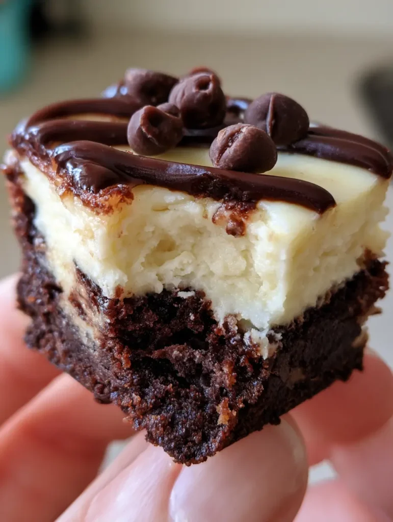 Handheld smartphone photo of a single Brownie Bottom Cheesecake Bite held between fingers showing the creamy white cheesecake and dark chocolate chips.