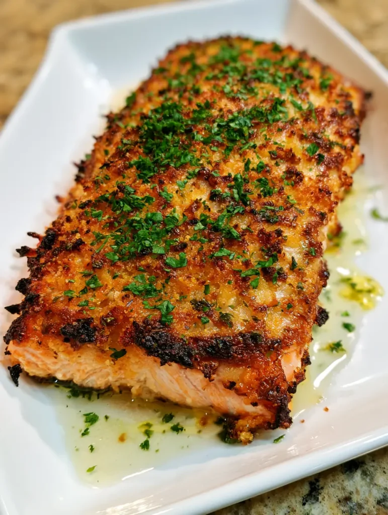 Parmesan Crusted Baked Salmon: The Ultimate Crispy 20-Minute Meal 1 Parmesan Crusted Baked Salmon resting on a white rectangular platter with butter and oil juices pooling at the base.