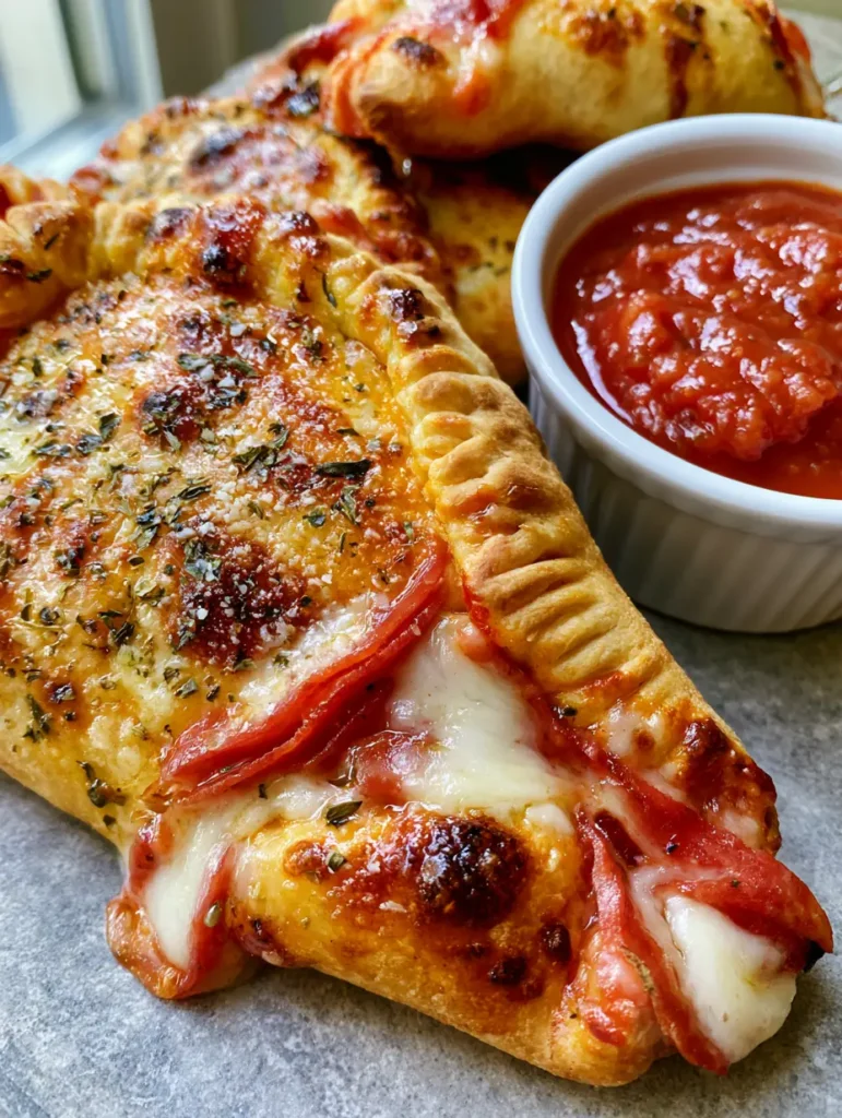 Homemade Pizza Pockets: The Ultimate Golden-Brown and Cheesy Recipe 1 Homemade Pizza Pockets arranged next to a ramekin of thick red marinara sauce.