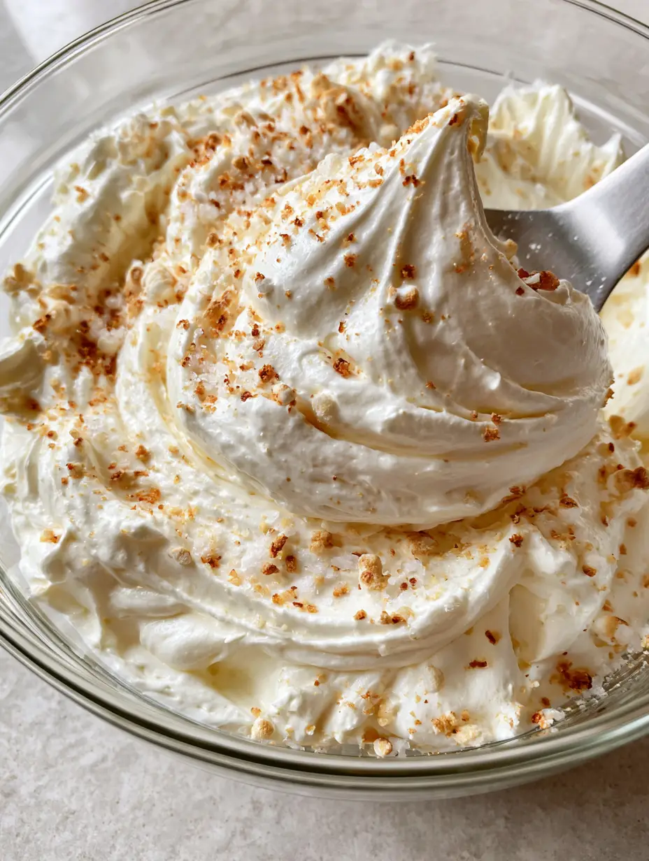 High-angle shot of glossy white Marshmallow Buttercream Frosting with a silver spatula swirl.