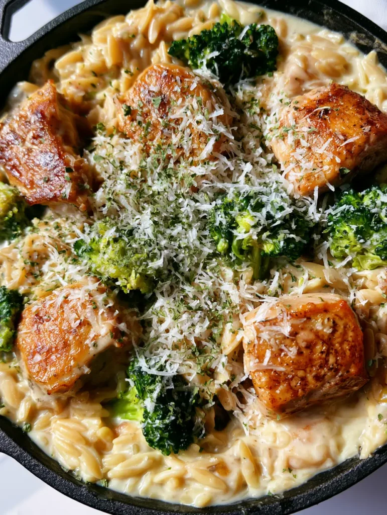 Cheesy Chicken and Broccoli Orzo: A Creamy One-Pan Skillet Meal 1 Extreme close-up of cooked orzo pasta coated in a thick, glossy pale yellow cheese sauce with parmesan dusting.