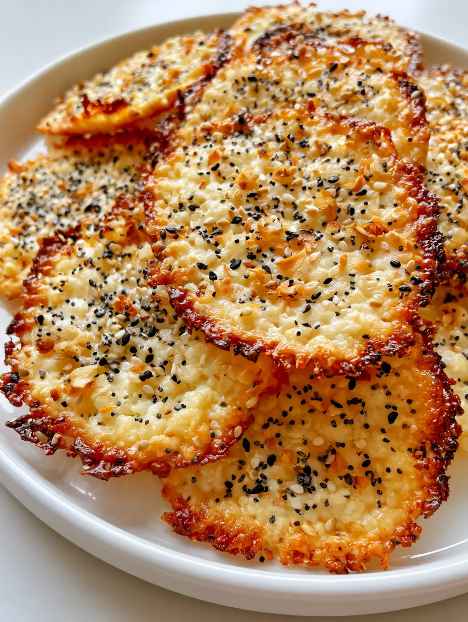 Cottage Cheese Chips (Crispy Everything Bagel Snack) 3 Close up of Cottage Cheese Chips with visible black and white sesame seeds, dried garlic, and poppy seeds on a bubbly, toasted surface.