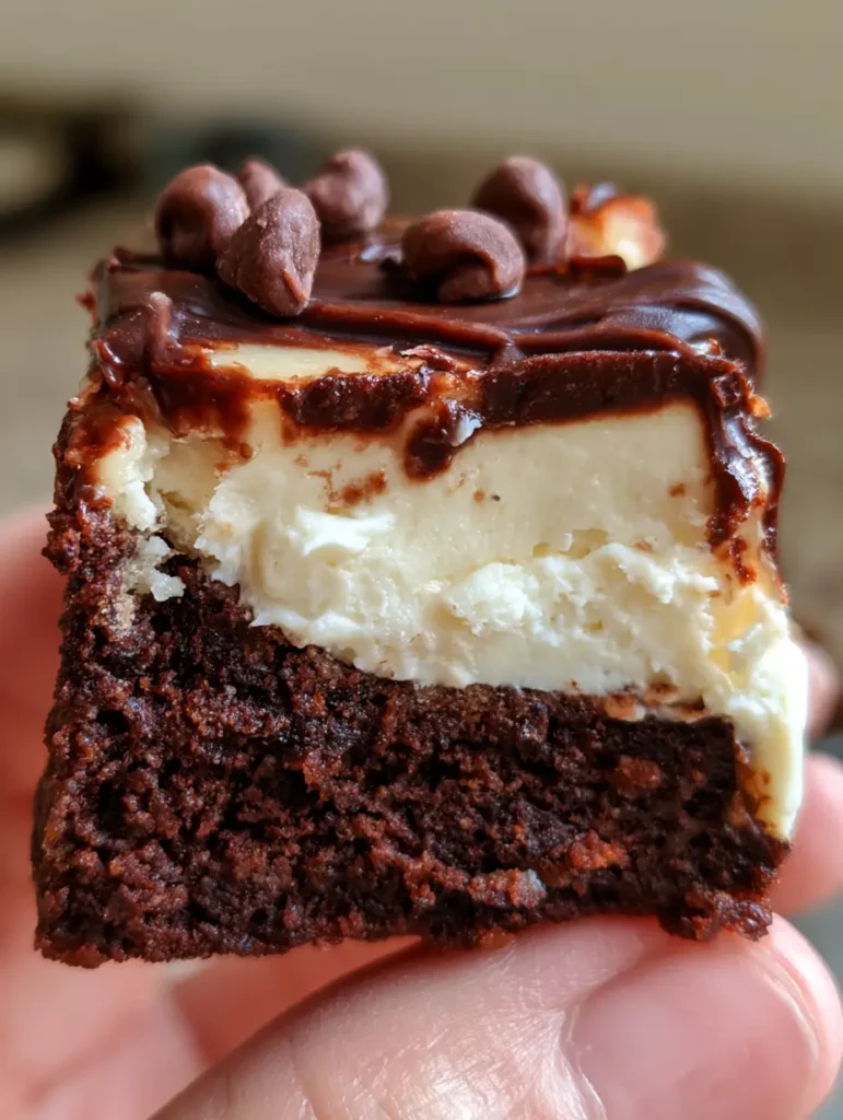 Brownie Bottom Cheesecake Bites: The Ultimate Handheld Fudgy Dessert 1 Close up of the glossy dark chocolate ganache drizzle on top of Brownie Bottom Cheesecake Bites with mini chocolate chips.