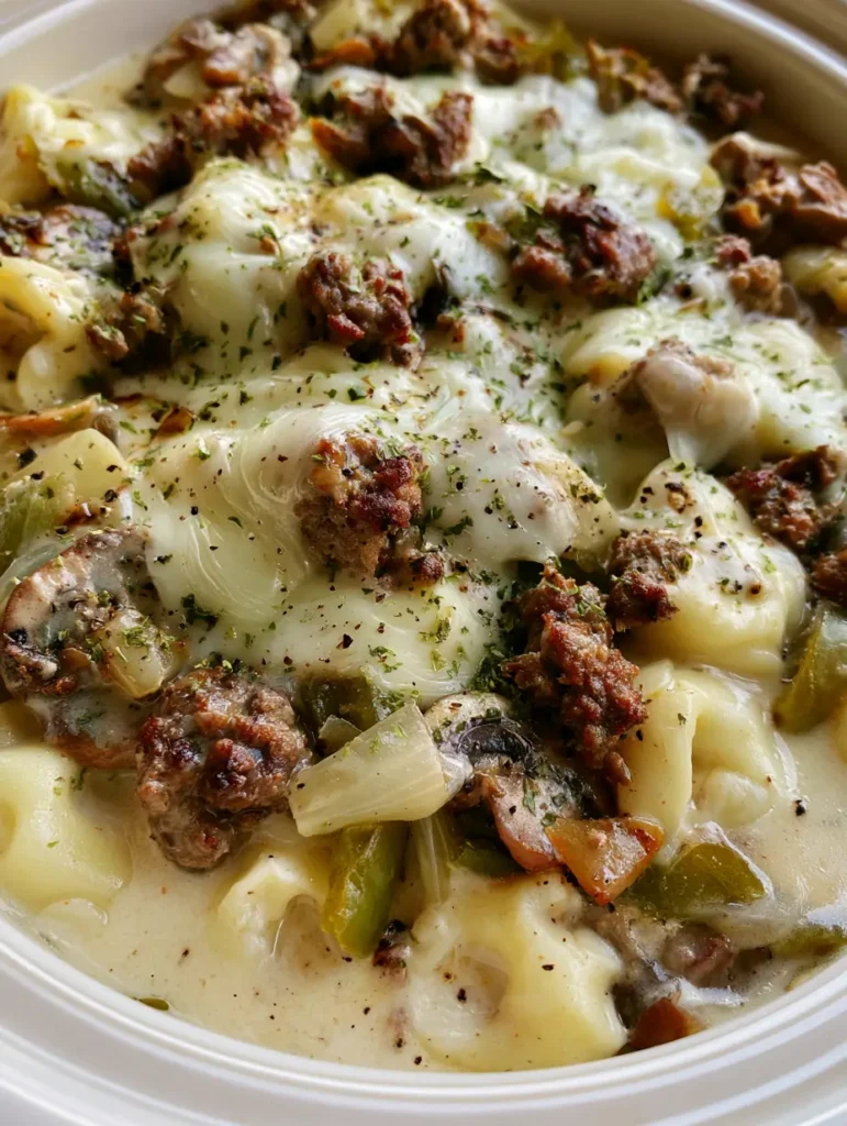 Crock Pot Cheesesteak Tortellini: Creamy Philly-Style Comfort 1 Slightly overhead shot of the finished Philly cheesesteak tortellini in a white ceramic pot with steam rising.
