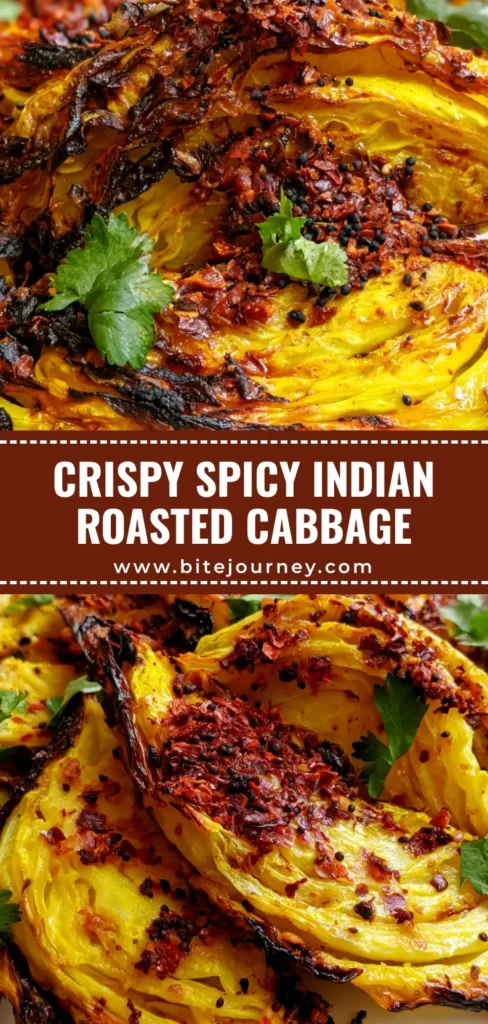 A smartphone photo of Spicy Indian Roasted Cabbage wedges with charred edges, yellow turmeric seasoning, and black mustard seeds on a white plate.