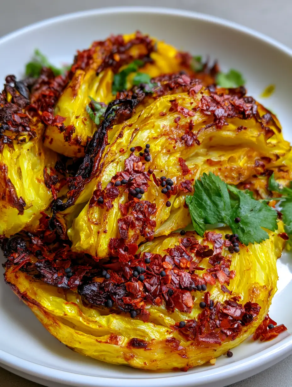 Close up handheld shot of roasted cabbage wedges showing turmeric-infused yellow layers and crispy brown charred edges.