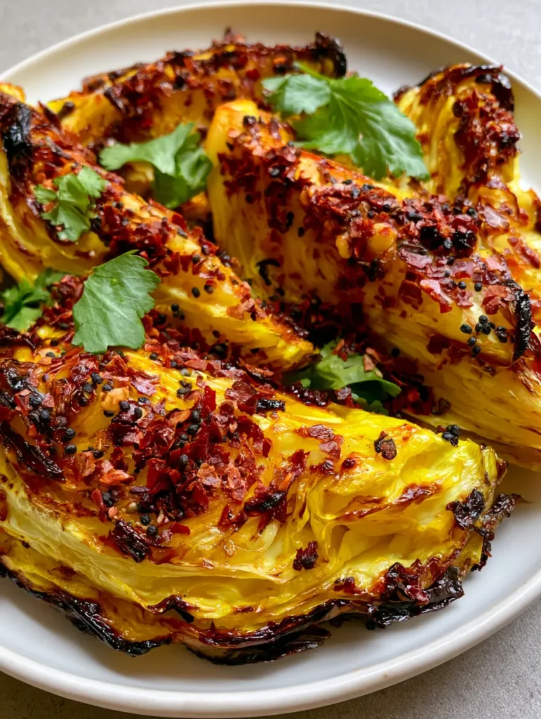 Top down view of Spicy Indian Roasted Cabbage topped with red chili flakes and black mustard seeds on a white ceramic plate.
