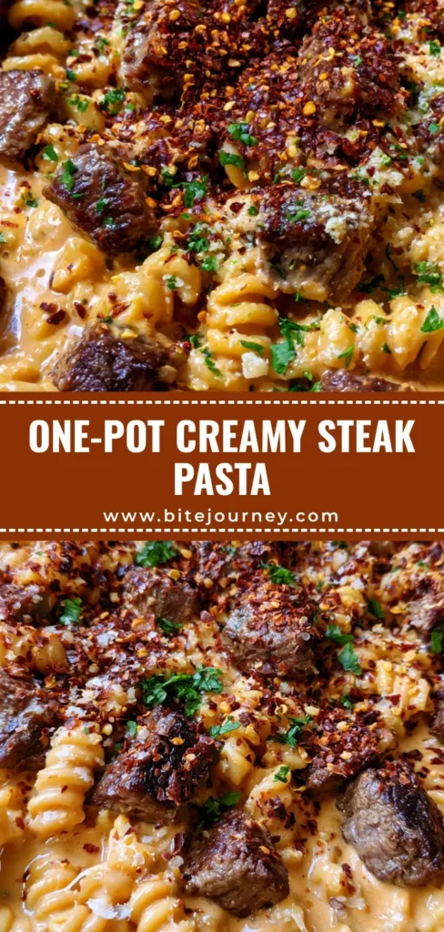 A black skillet containing One-Pot Steak and Pasta with seared beef bites and rotini in a glossy orange-tinted cream sauce. (One-Pot Steak and Pasta)