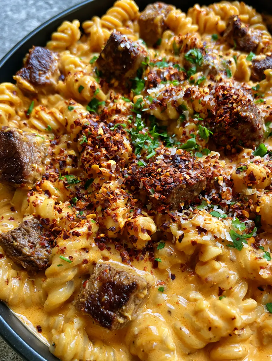 Close up of seared steak bites and rotini pasta in a creamy garlic butter sauce. (One-Pot Steak and Pasta)