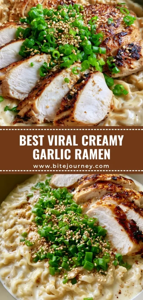 A top-down view of Creamy Garlic Chicken Ramen in a ceramic bowl featuring wavy noodles, ivory sauce, and seared chicken.
