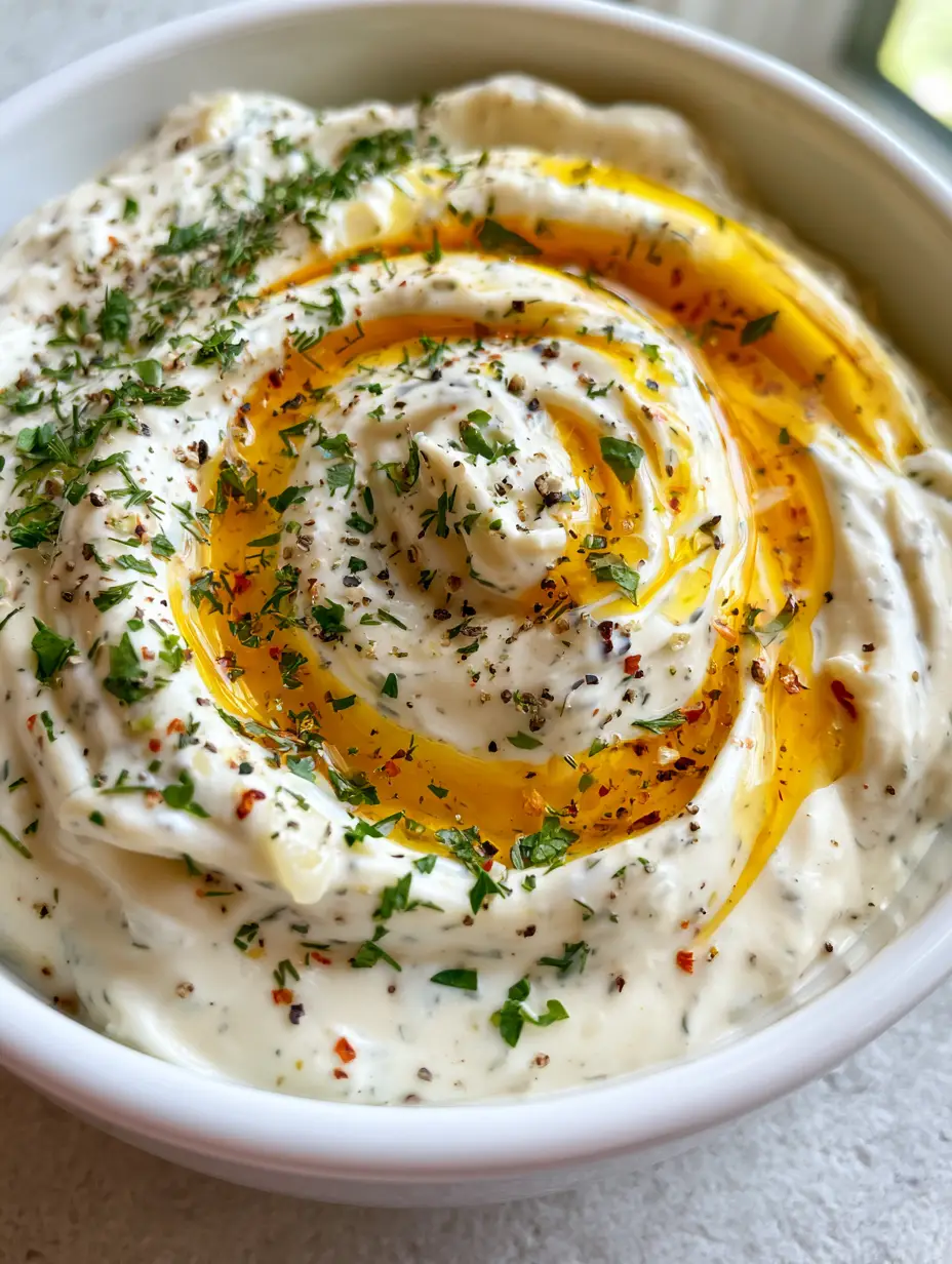 Cowboy Butter Ranch Dressing: The Ultimate Garlic Butter Mashup 4 Close-up of thick, creamy off-white ranch dressing with visible bits of minced garlic and red pepper flakes. (Cowboy Butter Ranch Dressing)