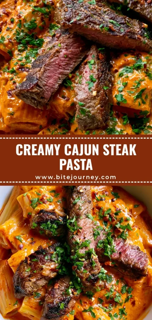 Cajun Steak Pasta with Creamy Orange Sauce 3 A top-down view of Cajun Steak Pasta featuring al dente rigatoni in a vibrant orange sauce topped with charred steak strips, fresh parsley, and red pepper flakes.