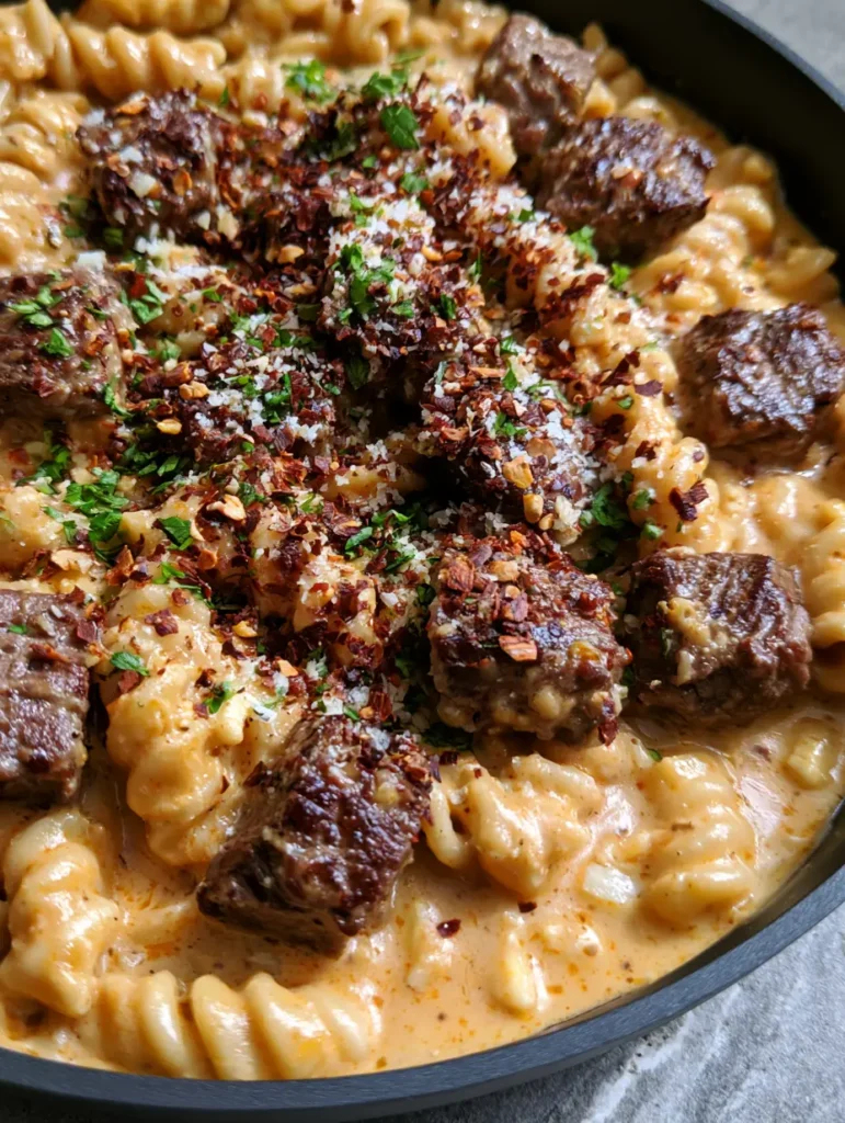 Slightly overhead shot of a skillet with steak and pasta garnished with parsley and red pepper flakes.