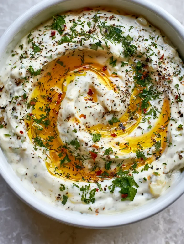 Cowboy Butter Ranch Dressing: The Ultimate Garlic Butter Mashup 1 A small white ceramic bowl of Cowboy Butter Ranch Dressing resting on a grey stone countertop in natural light.