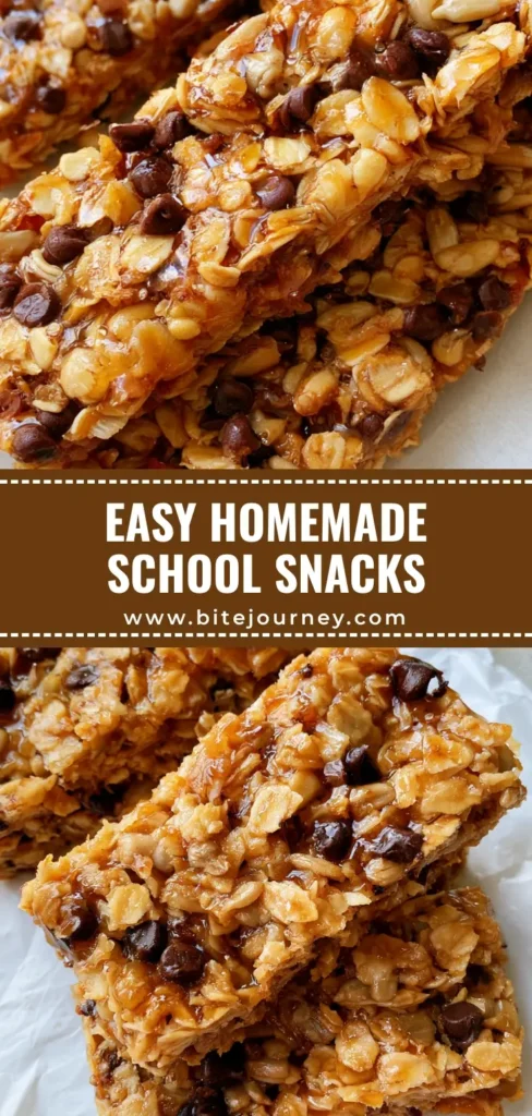 A top-down view of rectangular granola bars with rolled oats and dark chocolate chips on white parchment paper. (Homemade Snacks for Kids)